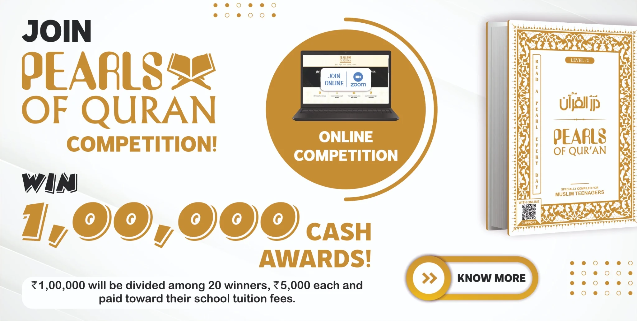 Competition poster: Join the Pearls of Quran online competition and win ₹1,00,000 in cash awards, divided among 20 winners, ₹5,000 each, paid toward their school tuition fees.